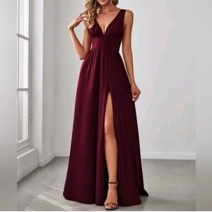 New Luxe Deep V Split Leg Maxi Dress Flowy Burgundy Red